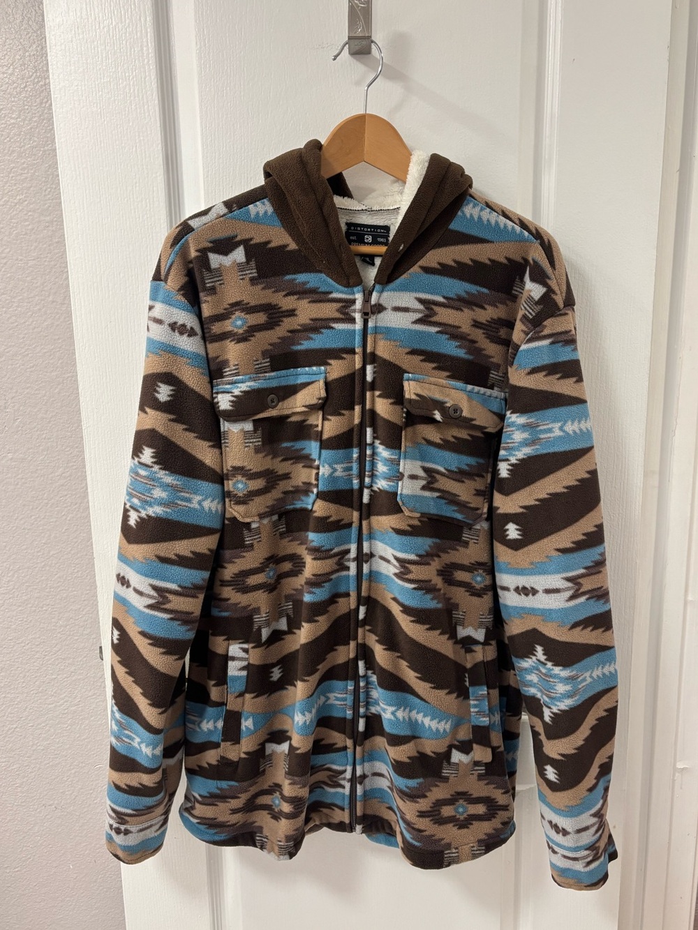 Distortion Aztec Pattern Fleece Zip Up Hooded Jacket Southwestern Geometric XL